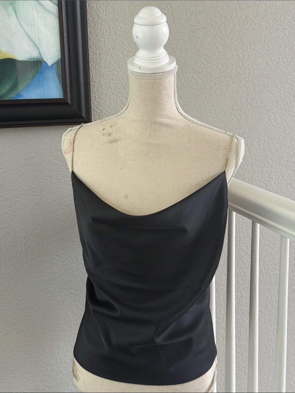 House of Harlow 1960 Black Satin Cowl Neck Rhinestone Strap Cami - Large